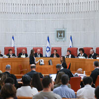 High Court of Justice judges at a court hearing on petitions against the government's prime minister recusal law, at the Supreme Court in Jerusalem, September 28, 2023. (Chaim Goldberg/Flash90)