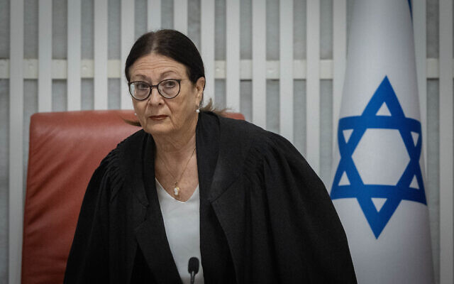Supreme Court Chief Justice Esther Hayut at a High Court of Justice hearing on petitions against the government's prime minister recusal law, at the Supreme Court in Jerusalem, September 28, 2023. (Chaim Goldberg/Flash90)