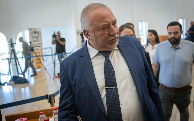 Yisrael Beytenu party leader MK Avigdor Liberman arrives to a court hearing on petitions against a government law at the Supreme Court in Jerusalem, September 28, 2023. (Chaim Goldberg/Flash90)