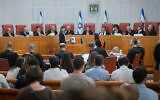 President of the Supreme Court Esther Hayut and Supreme Court Justices at a court hearing on petitions against the government's 'Recusal Law' at the Supreme Court in Jerusalem, September 28, 2023. (Chaim Goldberg/Flash90)