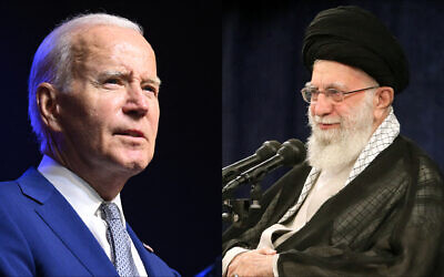 Left: US President Joe Biden holds a press conference in Hanoi, Vietnam on September 10, 2023 (SAUL LOEB / AFP); Right: Iran's Supreme Leader Ayatollah Ali Khamenei speaking before students and clerics during a rally in Tehran on July 12, 2023. (KHAMENEI.IR / AFP)