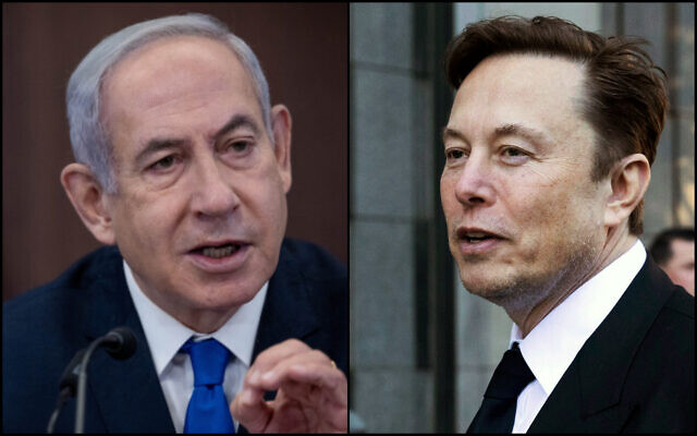 Left: Prime Minister Benjamin Netanyahu leads a cabinet meeting at the Prime Minister's office in Jerusalem on September 10, 2023. (Chaim Goldberg/Flash90); Right: Elon Musk departs the Phillip Burton Federal Building and United States Court House in San Francisco, Jan. 24, 2023. (AP Photo/Benjamin Fanjoy, File)