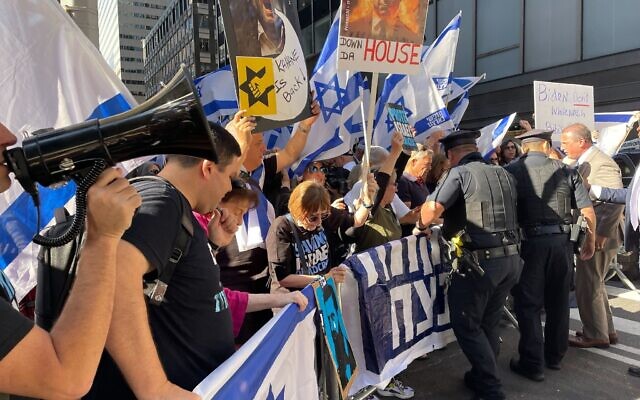 Hundreds of Israelis protest outside a meeting between Prime Minister Benjamin Netanyahu and US President Joe Biden in New York City on September 20, 2023 (Luke Tress/Times of Israel)