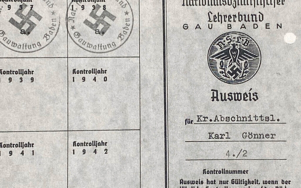 Karl Gonner's Nazi Teachers' League identification card. (Landesarchiv Baden Warttemberg/ Staatsarchiv Freiburg)