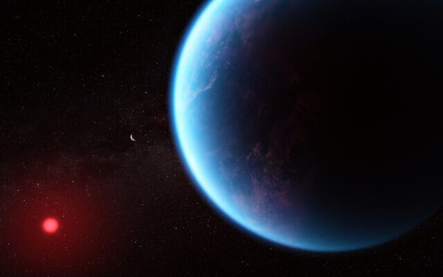 An artist's illustration of K2-18 b, an exoplanet which may be covered in water oceans and possess a hydrogen atmosphere. (NASA, ESA, CSA, Joseph Olmsted (STScI))