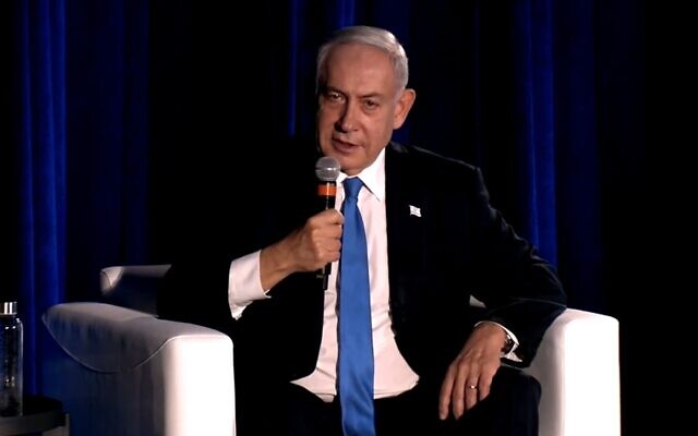 Prime Minister Benjamin Netanyahu speaks with Elon Musk (not pictured) during a live discussion on the social media platform X, at the Tesla factory in Fremont, California, September 18, 2023. (X video screenshot: used in accordance with Clause 27a of the Copyright Law)