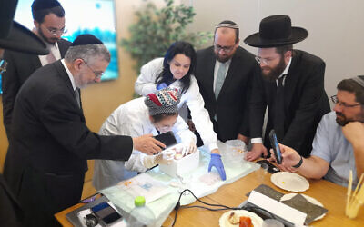 Orthodox Union's Rabbi Menachem Genack, left, visits Israeli startup SuperMeat as part of the company's kosher certification process. (Courtesy/SuperMeat)