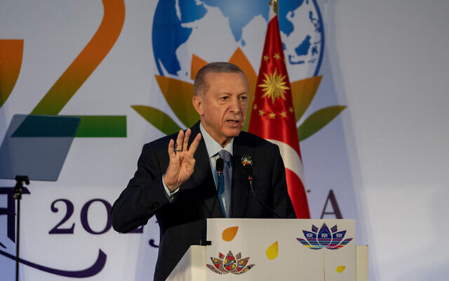 Turkey President Recep Tayyip Erdogan at a press conference at the end of the G20 Summit, in New Delhi, India, September 10, 2023. (AP/Dar Yasin)