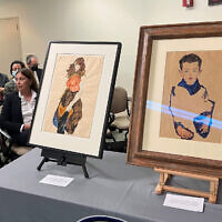 Works by Austrian expressionist artist Egon Schiele are on display at the Manhattan District Attorney's Office, September 20, 2023. (AP Photo/Bobby Caina Calvan)