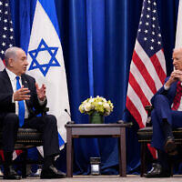 US President Joe Biden meets with Prime Minister Benjamin Netanyahu in New York, September 20, 2023. (AP Photo/Susan Walsh)