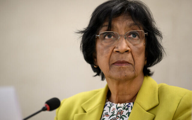 Former United Nations human rights chief Navi Pillay presents a report on the opening day of the 50th session of the UN Human Rights Council, in Geneva on June 13, 2022. (Fabrice Coffrini/AFP)