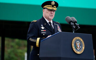 Retiring Chairman of the US Joint Chiefs of Staff Gen. Mark Milley speaks during the Armed Forces Farewell Tribute in honor of Milley at Joint Base Myer-Henderson Hall, in Fort Meyer, Virginia, September 29, 2023. (AP Photo/Manuel Balce Ceneta)