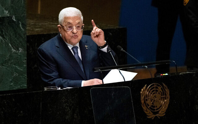 Palestinian Authority President Mahmoud Abbas addresses the 78th session of the United Nations General Assembly, September 21, 2023. (AP Photo/Craig Ruttle)