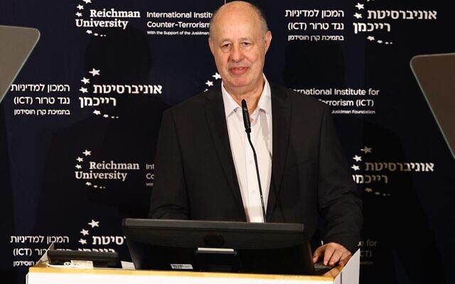 National Security Adviser Tzachi Hanegbi speaks at the Institute for Counter-Terrorism Policy (ICT) conference at Reichman University in Herzliya, September 11, 2023 (Gilad Kavalerchik)