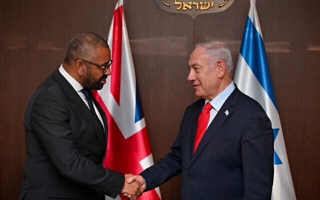 Prime Minister Benjamin Netanyahu meets UK Foreign Secretary James Cleverly in Jerusalem on September 11, 2023. (Kobi Gideon/GPO)