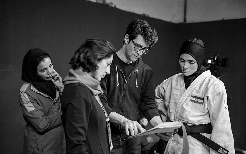 Director Guy Nattiv, second from right, with the actors in 'Tatami,' filmed in Georgia in 2022, his latest film about an Iranian athlete forced to make an impossible decision (Courtesy Guy Nattiv)