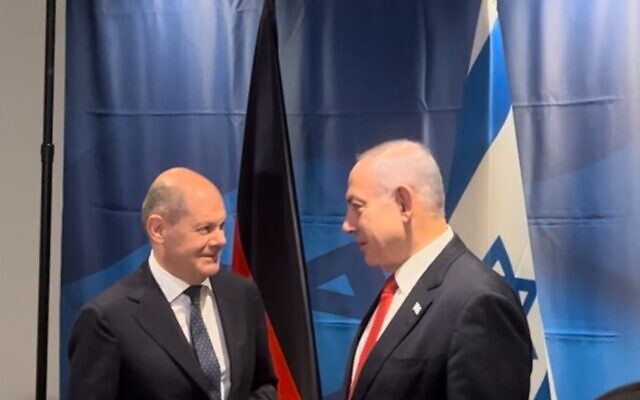 German Chancellor Olaf Scholz, left, meets with Prime Minister Benjamin Netanyahu on September 19, 2023. (Lazar Berman/Times of Israel)