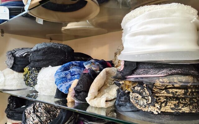 A selection of custom hats and head coverings for women, at Dalia's Hats in Tel Aviv. (Gavriel Fiske/Times of Israel)