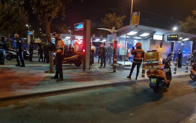 The scene of a suspected stabbing attack at the Giv'at Hamivtar light rail station in Jerusalem on September 21, 2023 (United Hatzalah)