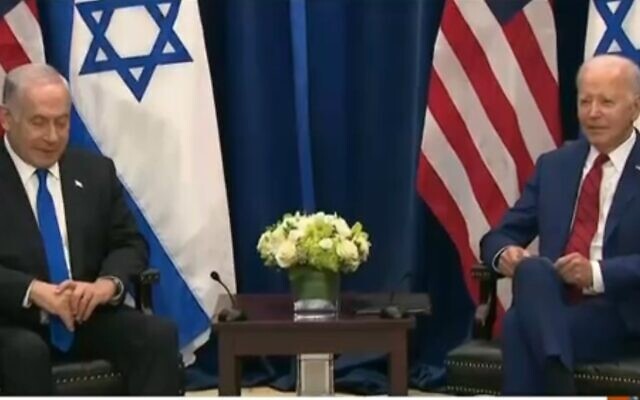 US President Joe Biden meets with Prime Minister Benjamin Netanyahu in New York City on September 20, 2023 (Channel 12 screenshot)