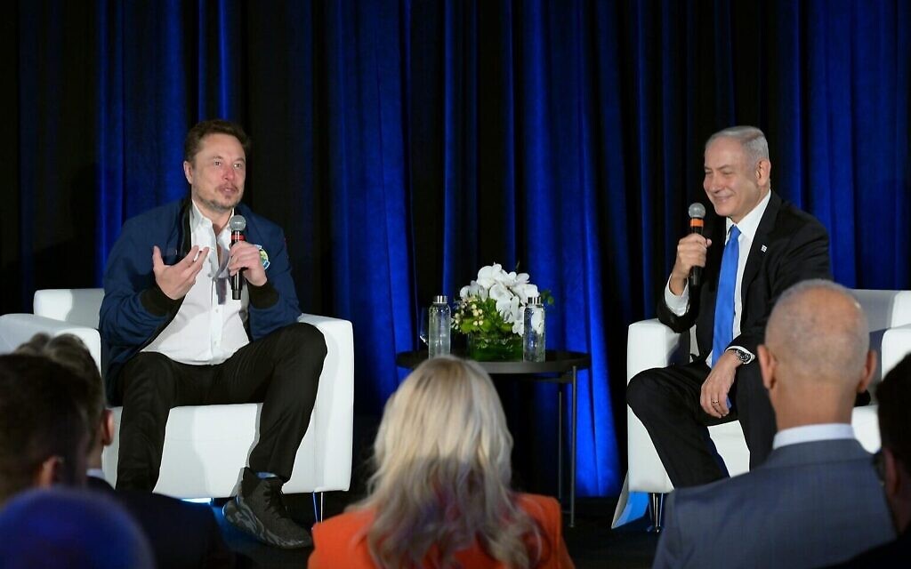 Prime Minister Benjamin Netanyahu (right) speaks with Elon Musk during a live discussion on the social media platform X, at the Tesla factory in Fremont, California, September 18, 2023. (Avi Ohayon/GPO)