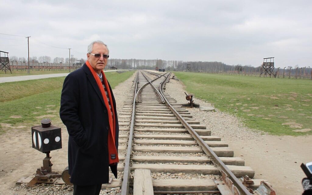 Palestinian peace activist Prof. Mohammed Dajani, founder of the Wasatia anti-radicalization movement, during a visit to the Auschwitz death camp in March 2014 (courtesy)