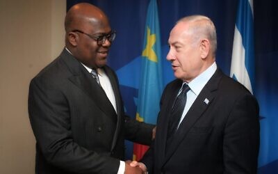 Democratic Republic of Congo President Félix Tshisekedi, left, meets Prime Minister Benjamin Netanyahu on the sidelines of the UN General Assembly in New York, September 21, 2023. (Avi Ohayon/GPO)