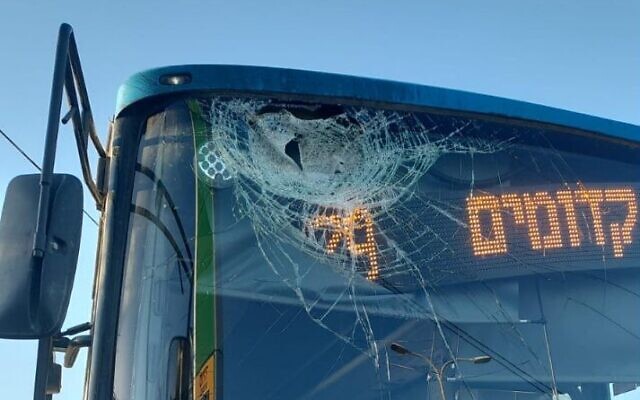 Damage to a bus, following a stone-throwing attack by Palestinians on the Route 55 highway, near the West Bank town of Azzun. (Courtesy)