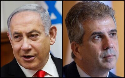 Left: Prime Minister Benjamin Netanyahu at a cabinet meeting in Jerusalem, January 19, 2020 (AP Photo/Gil Cohen-Magen, Pool); Right: Foreign Minister Eli Cohen during an interview at the Foreign Ministry in Jerusalem, June 12, 2023 (Yossi Aloni/Flash90)