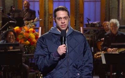 Pete Davidson speaks about the Israel-Hamas war during an episode of 'Saturday Night Live,' October 14, 2023. (NBCUniversal via JTA)
