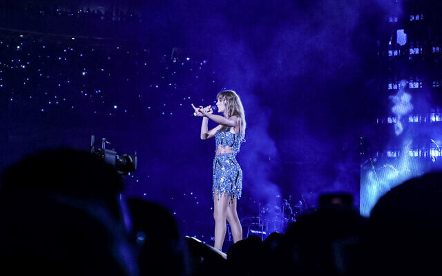 Taylor Swift performs at a concert on "The Eras Tour," in 2023. (Paolo Villanueva/Wikimedia Commons via JTA)