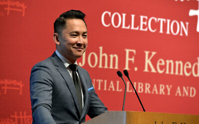 Pulitzer Prize-winning author Viet Thanh Nguyen speaks at the PEN/Hemingway 2019 Award Ceremony at The John F. Kennedy Presidential Library And Museum on April 7, 2019 in Boston, Massachusetts. (Paul Marotta/Getty Images via JTA)