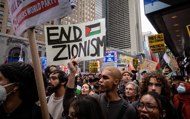 Illustrative: Anti-Israel demonstrators protest Israel's existence in New York City, October 8, 2023, following the October 7 Hamas atrocities and before Israel launched a military operation in the Gaza Strip. (Luke Tress/Times of Israel)