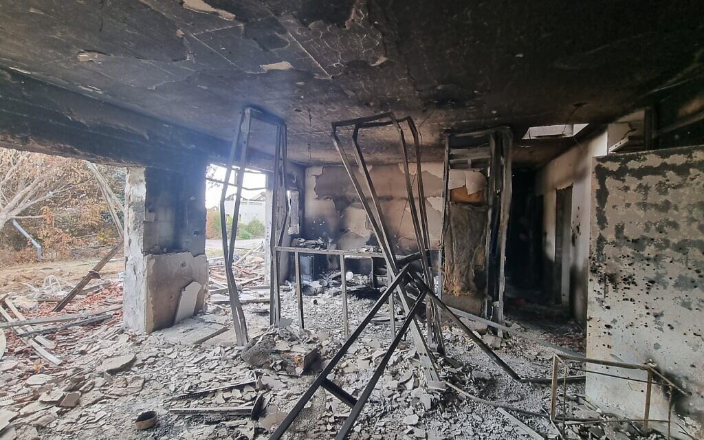 Interior of the gutted Haran home on Kibbutz Be'eri, blown up by terrorists during Hamas' onslaught on October 7, 2023. (Aviv Havron)