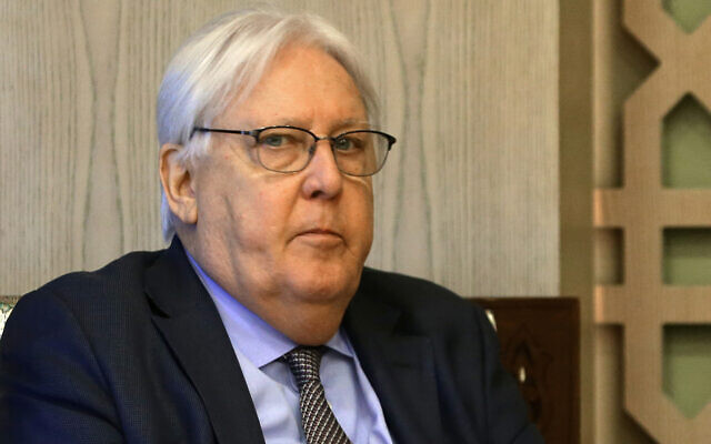 Martin Griffiths, the UN's under-secretary-general for humanitarian affairs and emergency relief coordinator, meets with the Syrian foreign minister in Damascus on June 26, 2023. (Louai Beshara/AFP)