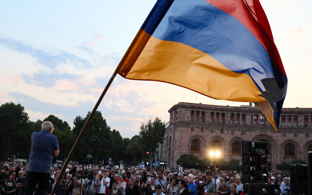 Armenian anti-government demonstrators protest demanding the resignation of Prime Minister Nikol Pashinyan in downtown Yerevan on September 30, 2023. (Alain Jocard/AFP)