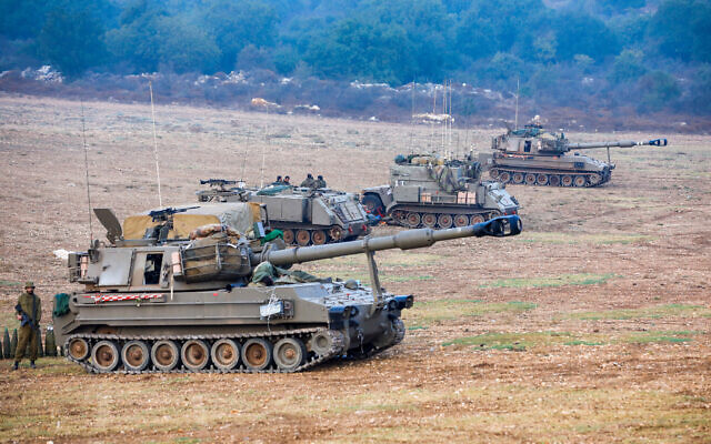 Israeli artillery at an undisclosed location in northern Israel bordering Lebanon on October 8, 2023. (Jalaa Marey/AFP)
