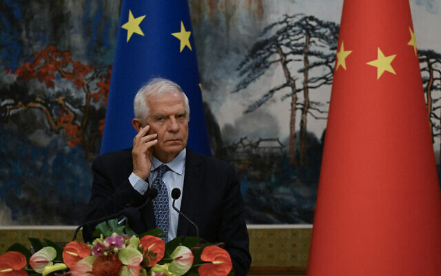 EU High Representative for Foreign Affairs and Security Policy Josep Borrell attends the EU-China High-Level Strategic Dialogue at the Diaoyutai State Guest House in Beijing on October 13, 2023. (Pedro Pardo/AFP)