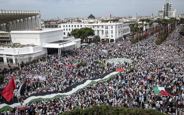 Demonstrators march to express support for Palestinians amid the 2023 Israel-Gaza war, in Rabat, Morocco, on October 15, 2023. (FADEL SENNA/AFP)