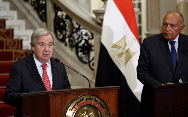 UN Secretary-General Antonio Guterres (L) and Egypt's Foreign Minister Sameh Shoukry hold a press conference in Cairo on October 19, 2023. (Khaled Desouki/AFP)