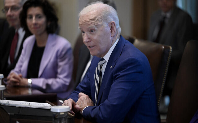 US President Joe Biden speaks during a meeting with the EU Commission at the White House in Washington on October 20, 2023 (Olivier Douliery/AFP)