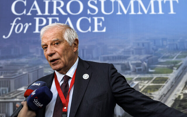 Josep Borrell, high representative of the European Union for foreign affairs and security policy, speaks to the press after attending the International Peace Summit in Egypt's New Administrative Capital (NAC), about 45 kilometers east of Cairo, on October 21, 2023. (Khaled Desouki/AFP)