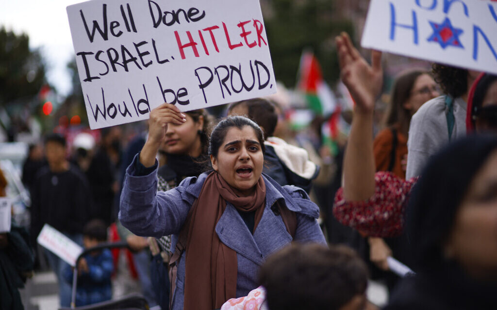 A woman holds a sign reading 'Well Done Israel, Hitler Would Be Proud' as people rally in Brooklyn, New York in support of Palestinians and against Israel in the wake of the October 7 Hamas terror onslaught, October 21, 2023 (KENA BETANCUR / AFP)