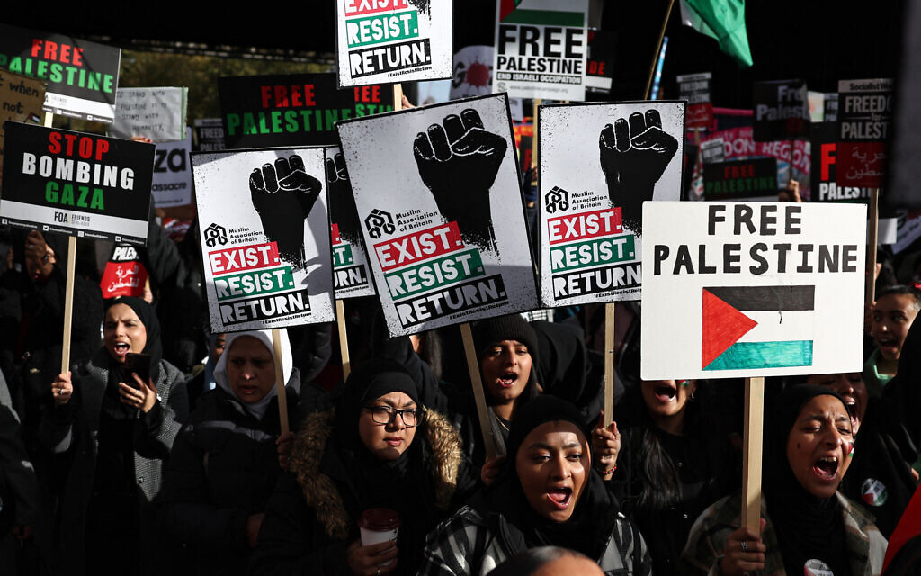 Illustrative: People hold up placards as they gather to take part in a 'March For Palestine' in London on October 28, 2023 (HENRY NICHOLLS / AFP)