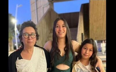 Karina Engel-Bart (left) and daughters Mika (center) and Yuval Engel were taken captive on October 7, 2023 by Hamas terrorists from Kibbutz Nir Oz. They were released on November 27, 2023. (Courtesy)