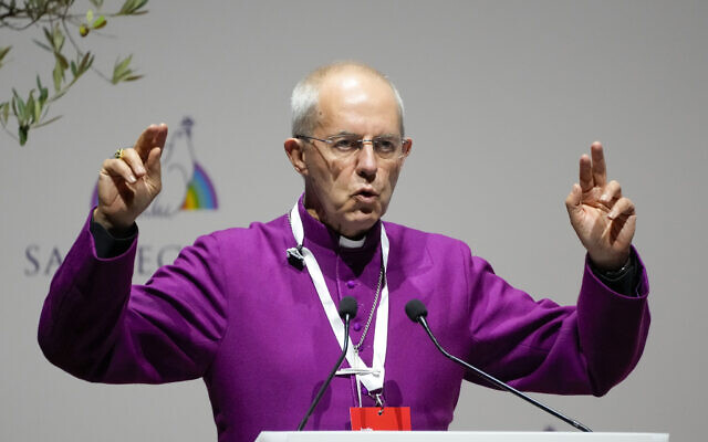 Archbishop of Canterbury Justin Welby delivers his speech at a interreligious meeting, in Rome on Oct. 6, 2021 (AP Photo/Gregorio Borgia, File)