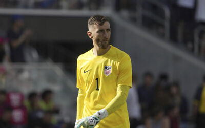 United States goalkeeper Matt Turner looks into the crowd during the first half of an international friendly soccer match against Uzbekistan, September 9, 2023, in St. Louis. (AP Photo/Jeff Roberson)