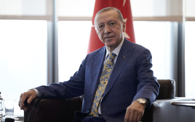 Turkish President Recep Tayyip Erdoğan on the sidelines of the United Nations General Assembly in New York, September 20, 2023. (Dimitris Papamitsos/Greek Prime Minister's Office via AP)