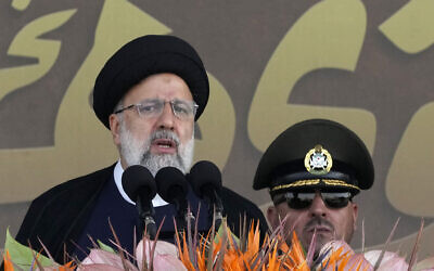 Iranian President Ebrahim Raisi speaks during an annual military parade in front of the shrine of the late revolutionary founder Ayatollah Khomeini, just outside Tehran, Iran, September. 22, 2023. (AP Photo/Vahid Salemi)