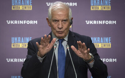 High Representative of the European Union for Foreign Affairs and Security Policy Josep Borrell speaks during a press conference in Kyiv, Ukraine, October 1, 2023. (Efrem Lukatsky/AP)